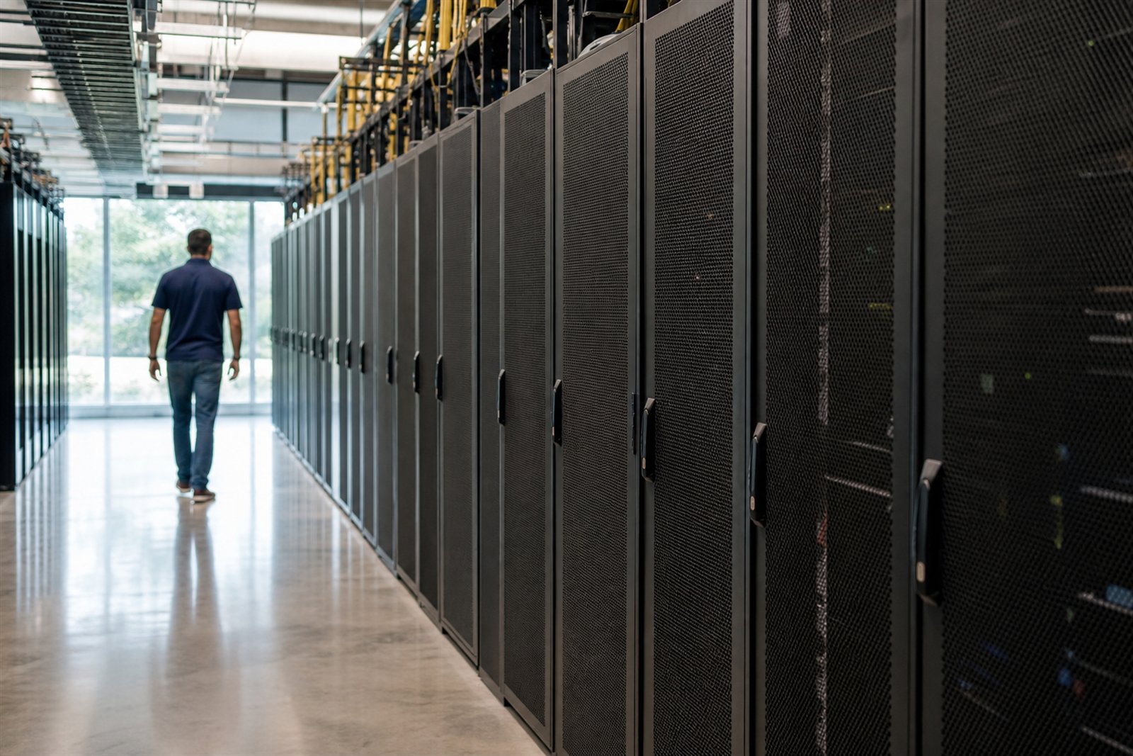 Technician walking a sunlit enterprise server aisle