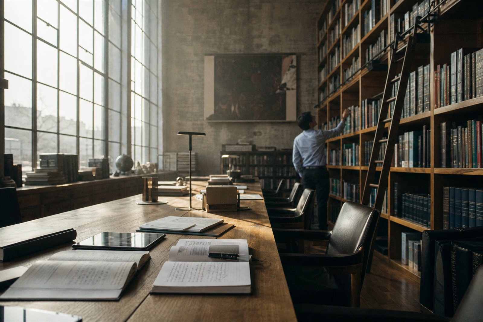 Sunlit research library with knowledge compounding over time